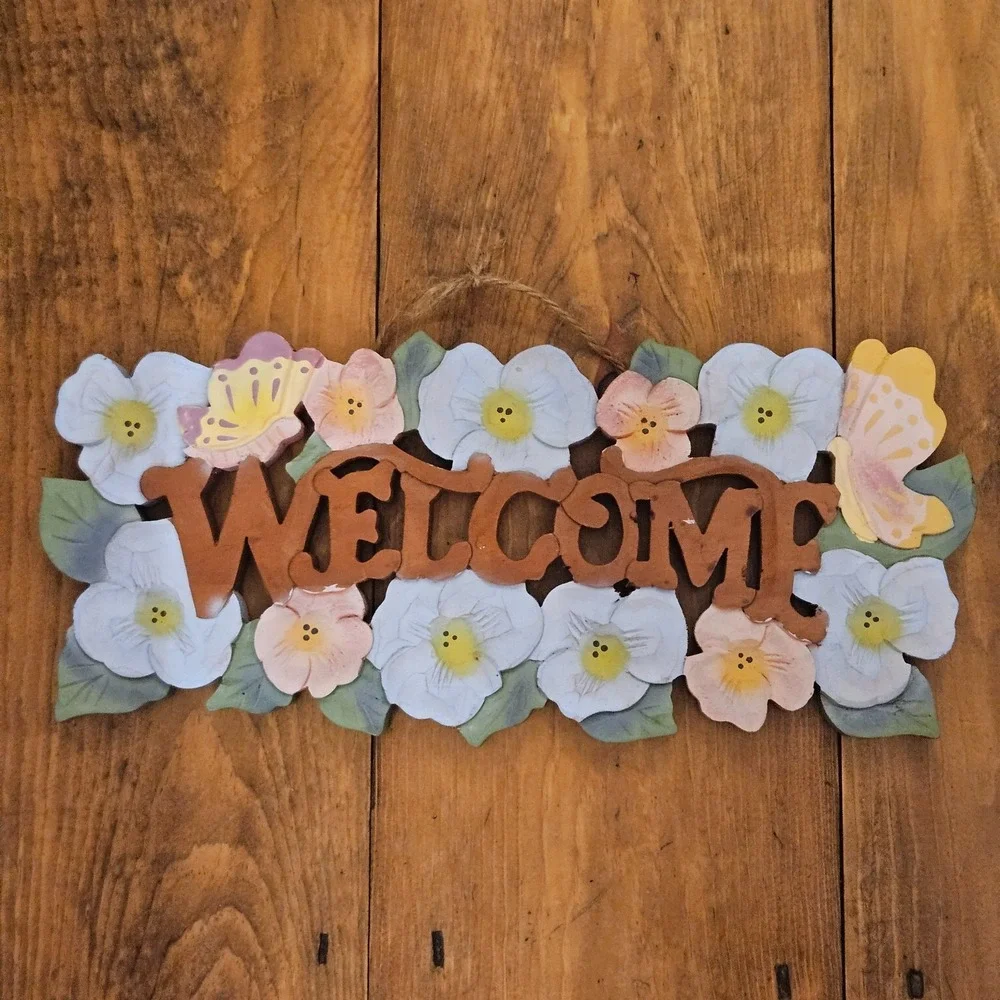 VTG Floral Wooden Welcome‎ Wall Hanging Sign Butterfly Cottagecore Spring Decor